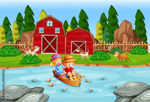 Children row the boat in the stream farm scene
