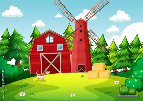 Background scene with red barn and windmill in the farm