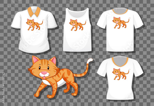 Cat cartoon character with set of different shirts isolated on transparent background