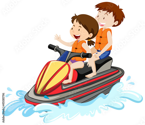 Children driving a jet ski isolated on white background