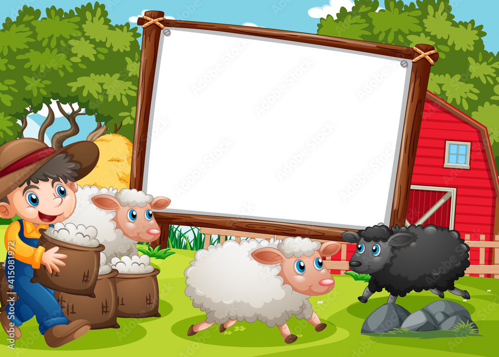 Blank banner in farm scene with a boy and many sheeps Blank banner in farm scene with a boy and many sheeps