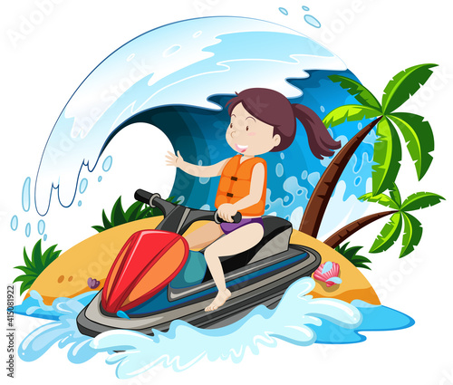 A woman riding jet ski cartoon character isolated on white background