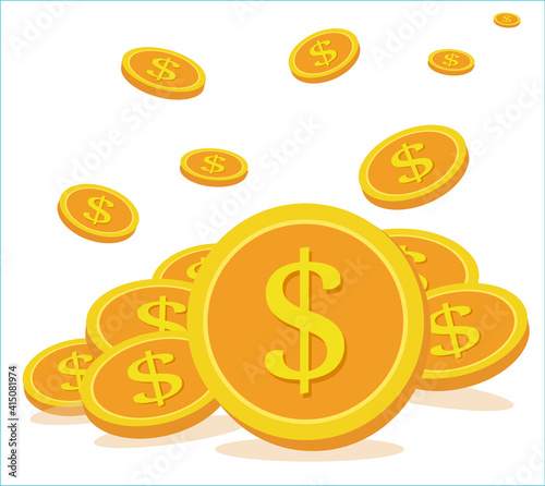 Business concept, Flying coins are collected in a large pile of gold. Business and finance management, make money. Flat style vector illustration isolated.
