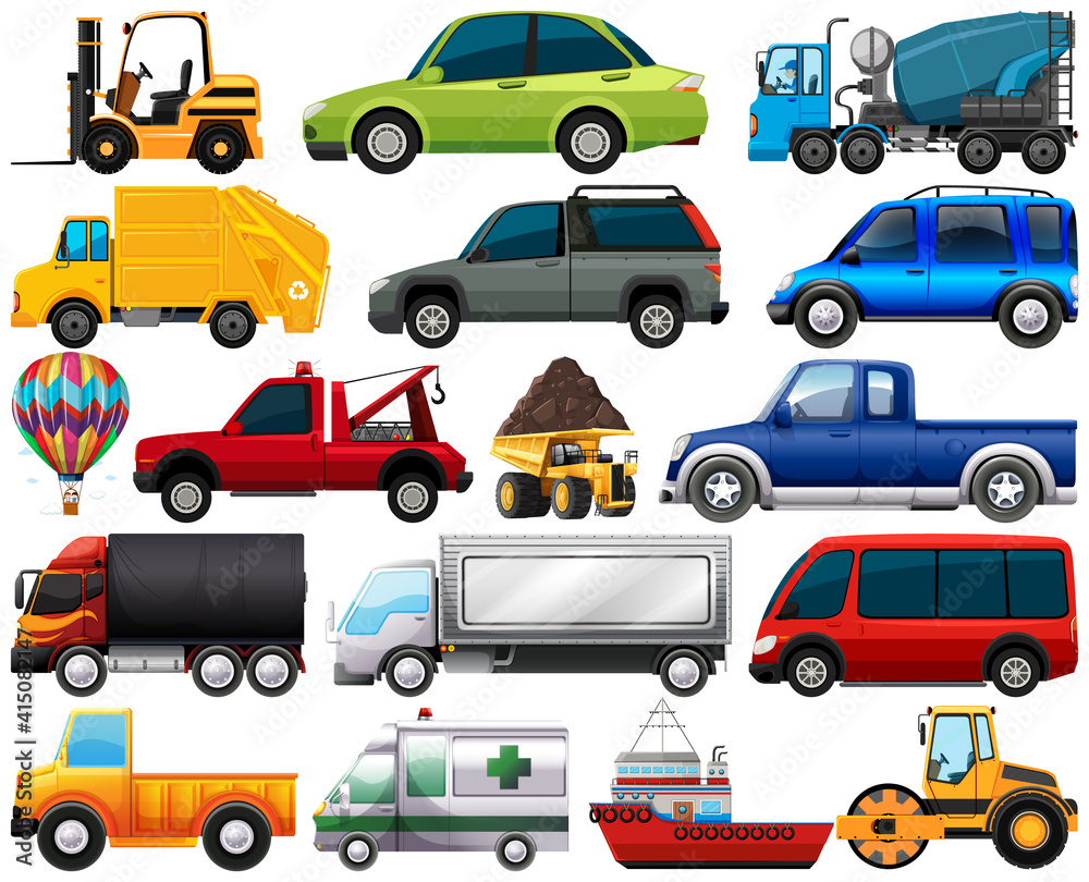 Set of different kind of cars and trucks isolated on white background Set of different kind of cars and trucks isolated on white background