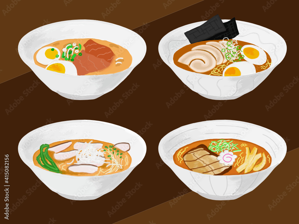 Ramen set. Isometric ramen icons on brown background. Japanese food. Vector Illustration.