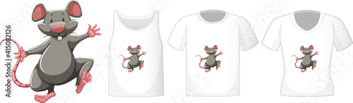 Set of different shirts with mouse cartoon character isolated on white background