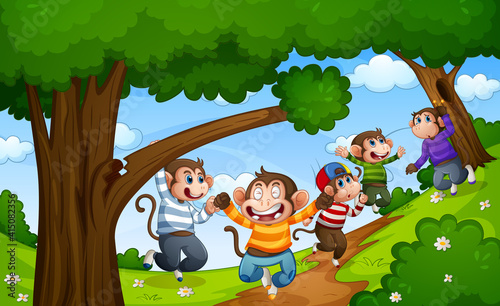 Fototapeta Naklejka Na Ścianę i Meble -  Five little monkeys jumping in the forest scene