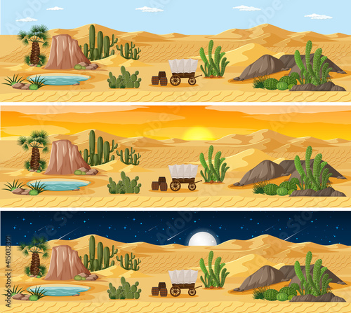 Desert landscape in different time in a day