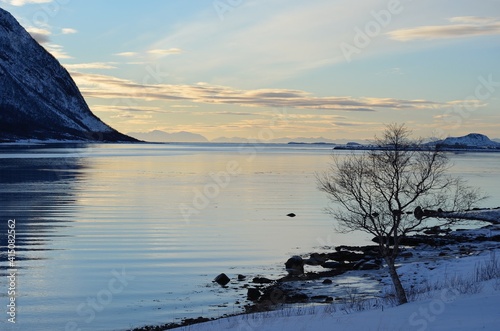 majestic colorful sunset over fjord and mountain landscape with sea fog on the island of Senja  Northern Norway