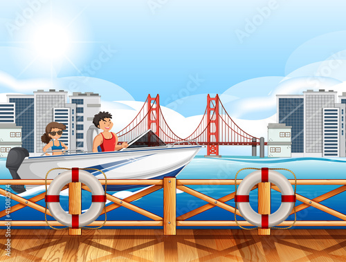 City river scene with a couple driving a speed boat