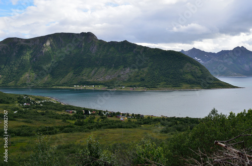 green mountain valley and fjord landscape in Northern Norway, Senja,