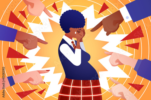 Social problem of teenage pregnancy - vector illustration. Pregnant african-american teen girl cry, people point by fingers and shame her. Adolescent early pregnancy. Unwanted pregnancy schoolgirl photo