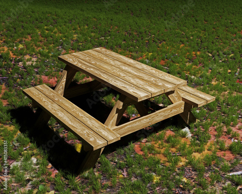 
3d computer rendered illustration of a picnic table and grass. photo