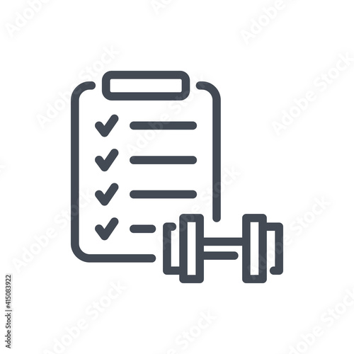 Clipboard with checklist and dumbbell line icon. Training and exercise schedule vector outline sign.