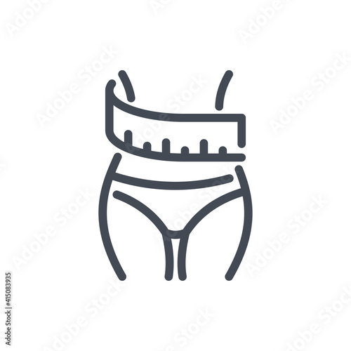 Weight loss and Waist correction line icon. Woman bosy with measuring tape vector outline sign.