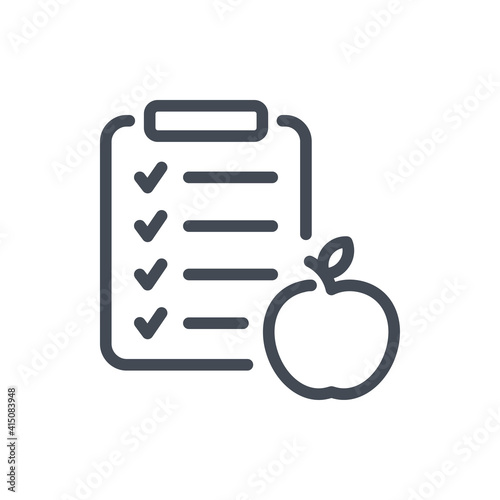 Meal schedule and planner line icon. Clipboard with checklist and apple fruit vector outline sign.
