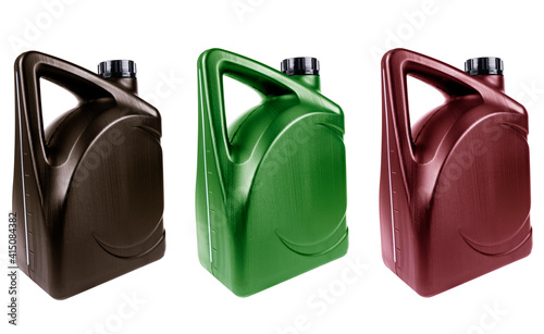 New three plastic oil canister isolated on white background with clipping path. Storage Tank. Canister for gasoline, diesel, gas. Plastic canister for technical liquids isolated over white