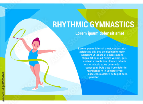Banner rhythmic gymnastics for children. Little girl with a ribbon. Vector illustration in flat cartoon style.