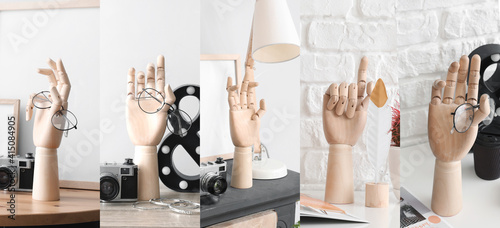 Collage of wooden hand in m...