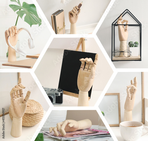 Collage of wooden hand in m...
