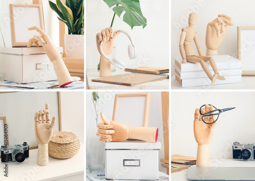 Collage of wooden hand in m...