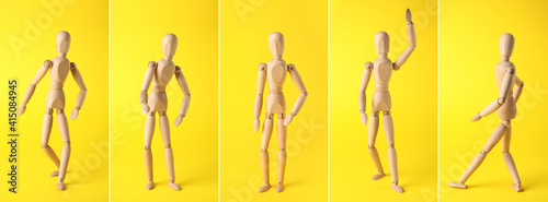 Collage of wooden mannequin on color background