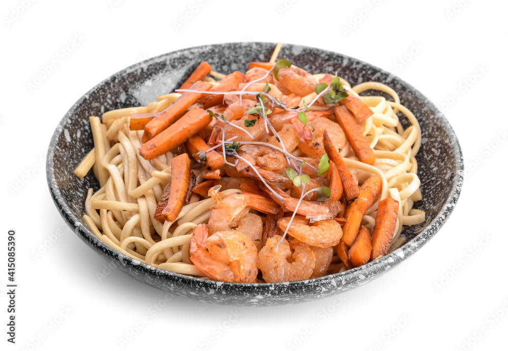 Plate with tasty noodles and shrimps on white background