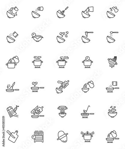 Cooking instructions line icons set. Baking and cooking linear style symbols collection  outline signs pack. Food preparation vector graphics. Set includes icons as frying pan  saucepan on gas stove