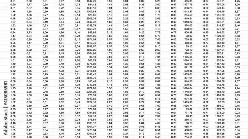 Complex Spreadsheet with animated scrolling digital data. Black numbers on white background. Conceptual for complexity of processing information.