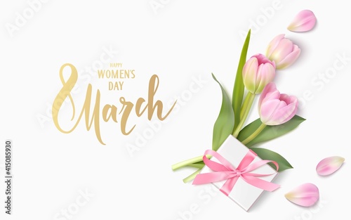 Happy Womens Day. 8 March design template. Calligraphic lettering text with decorative gift box and tulip flowers. Vector illustration	