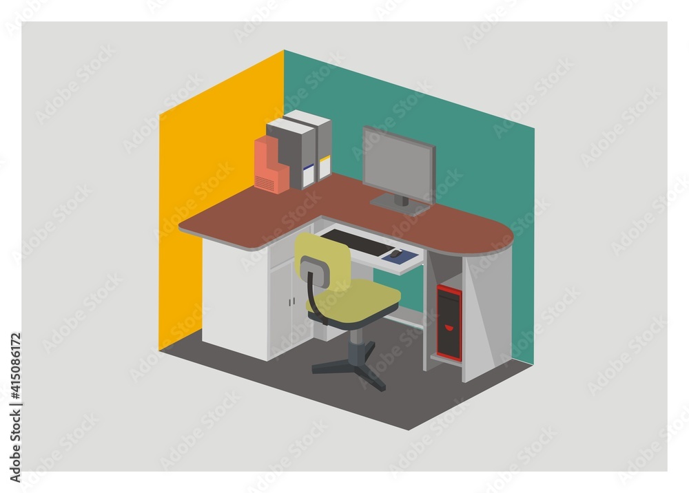 Office desk. Simple flat illustration in isometric view. Office desk. Simple flat illustration in isometric view.