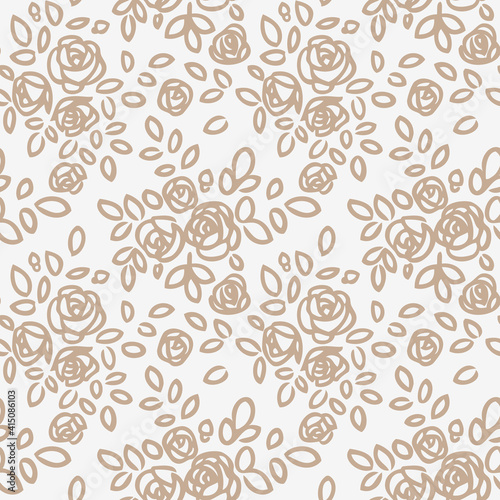 Seamless pattern with abstract garden roses, with buds and leaves silhouette. White background with blossoming outline flowers. Vintage floral hand drawn wallpaper. Vector stock illustration.