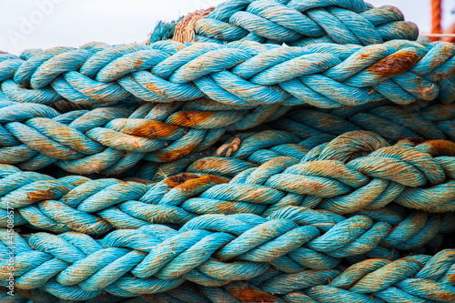 Italy, Sicily, Agrigento Province, Sciacca. Ropes on a fishing boat in the harbor of Sciacca, on the Mediterranean Sea.