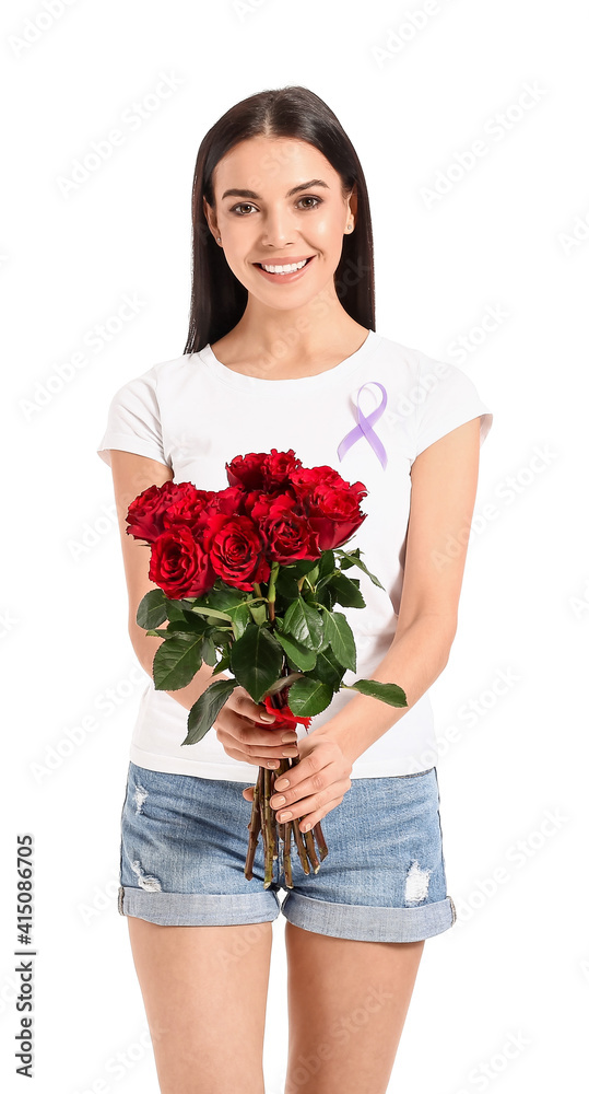 Beautiful young woman with flowers on white background. International Women's Day celebration