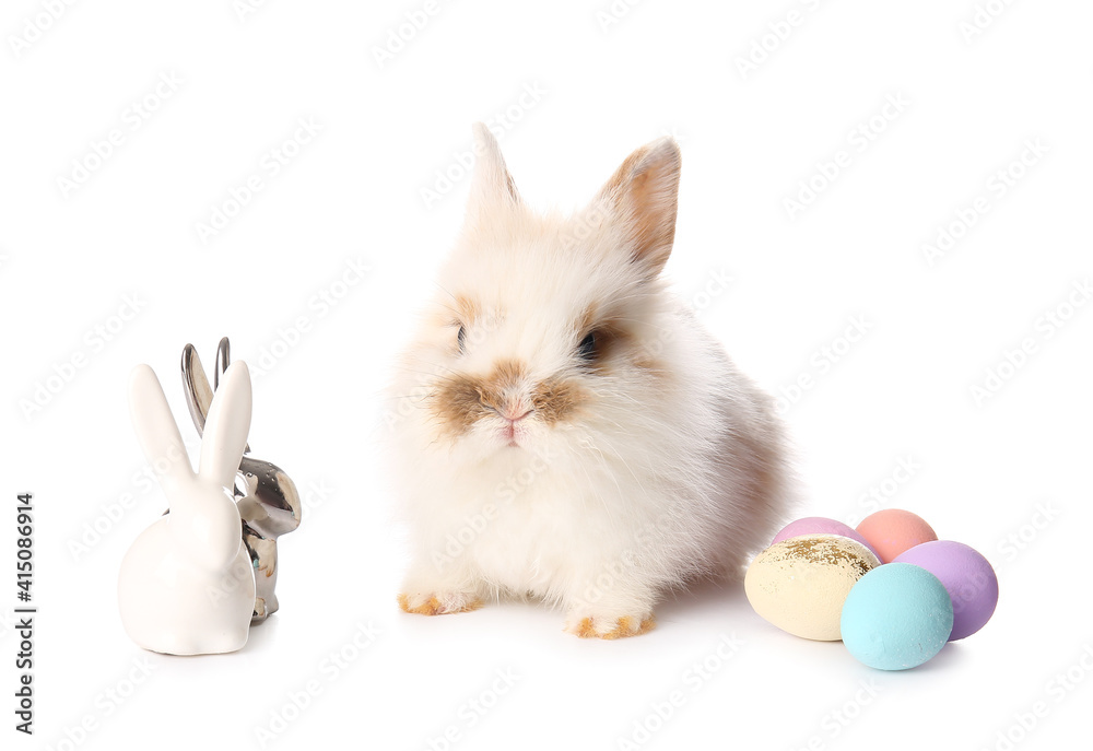 Cute rabbit, decor and Easter eggs on white background