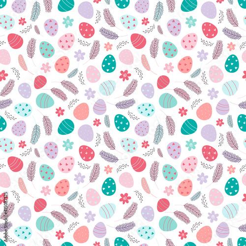Easter seamless pattern. Decorated Easter eggs on a white background. Design for textiles, packaging, wrappers, greeting cards, paper, printing. Vector illustration