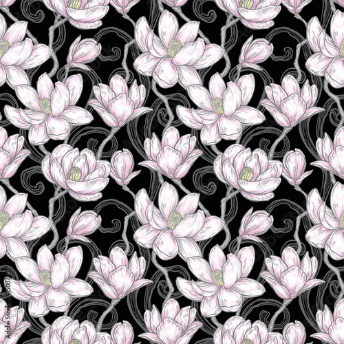 Seamless pattern with magnolias. Floral illustration . Hand drawing. Design wallpaper, fabric and packaging.