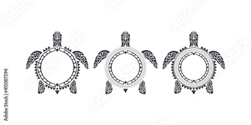 Set of turtle pattern in Tribal Polynesian style. Maori and Polynesian culture pattern. Isolated. Vector illustration.