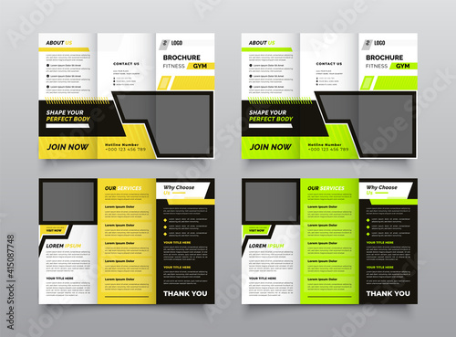 Gym or fitness trifold brochure template, Fitness tri-fold brochure template, Sports, Modern, Creative 
and Professional tri fold brochure vector design.