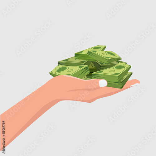 Hand showing or holding cash with pay or buying gesture. Finance or bribe concept design. Flat and solid color vector illustration. Side view