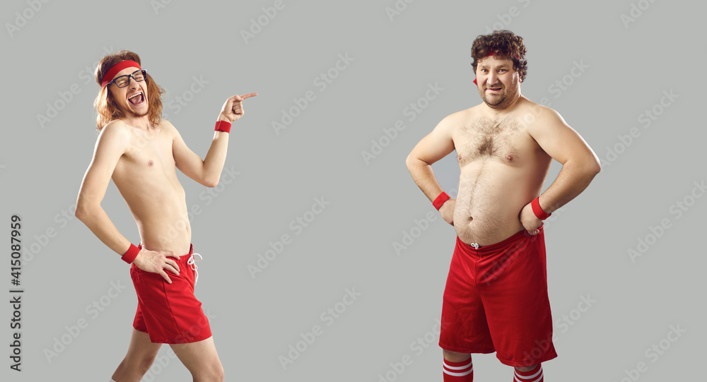 Two bare chested men in gym shorts on grey background. Funny thin skinny  guy with flat