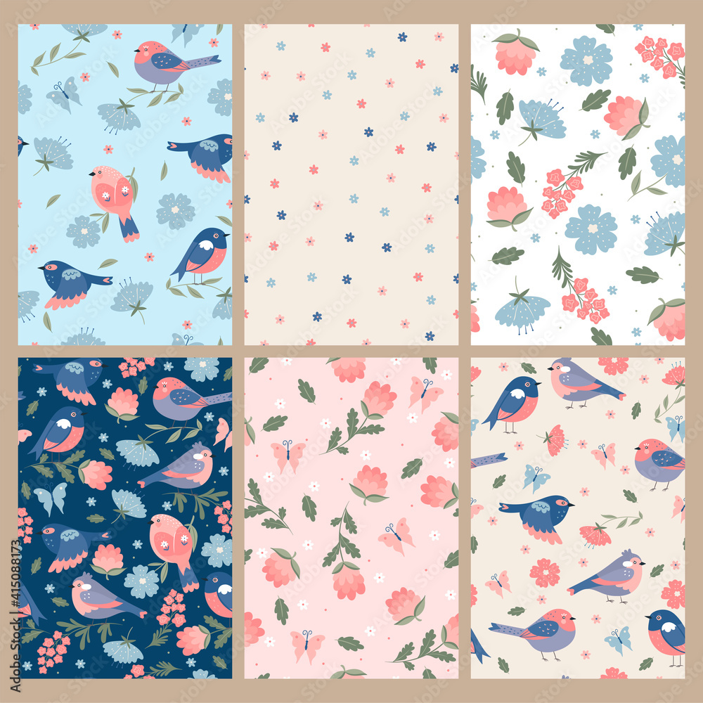 Set of cute spring seamless patterns with birds and flowers. Vector graphics.