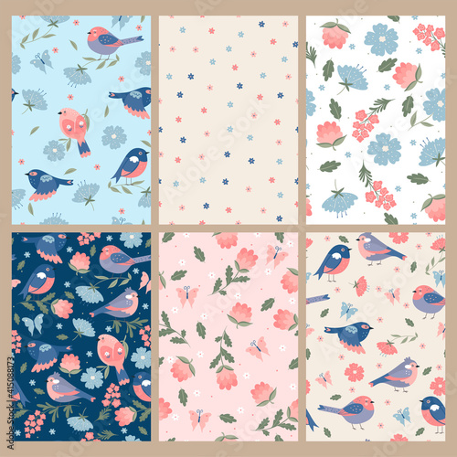 Set of cute spring seamless patterns with birds and flowers. Vector graphics.