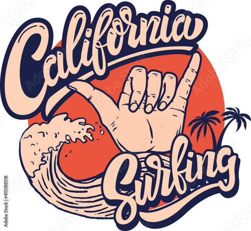 California surfing. Emblem template with sea waves and palms. Design element for poster, card, banner, sign, emblem. Vector illustration