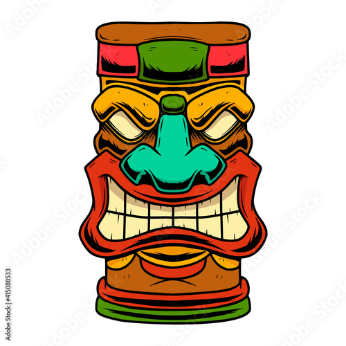 Illustration of tiki idol. Design element for logo, label, sign, poster. Vector illustration
