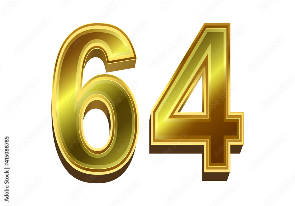 Obraz premium 3d golden number 64 isolated on white background