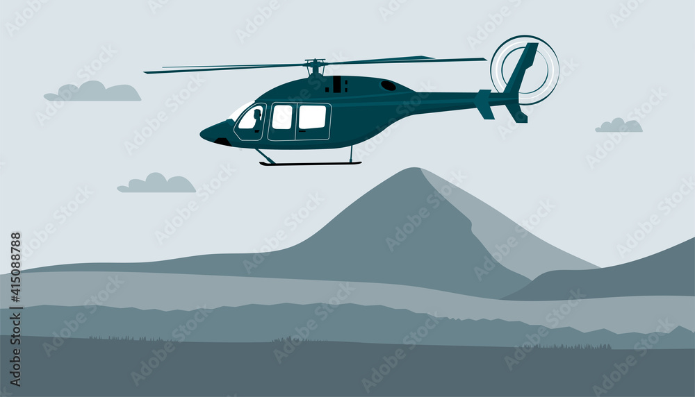 Helicopter with pilot flies against the background of an abstract landscape. Vector illustration.