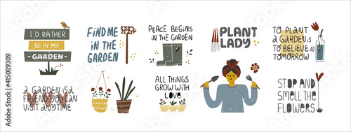 Set of cute positive funny gardening quotes.