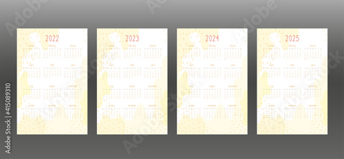 2022 2023 2024 2025 calendar set for personal planner and notebook. Warm yellow hand drawn abstract spots and dots, delicate tender cute style. Week starts on sunday