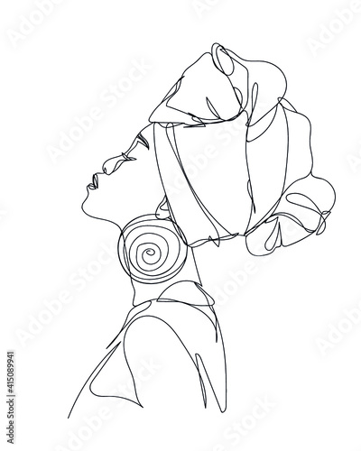 Abstract portrait of young African woman in minimalistic modern style. Line drawing. -  Vector illustration
